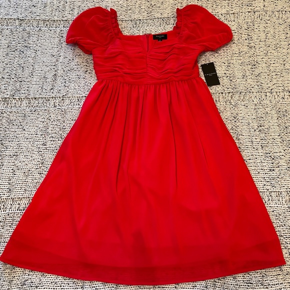 Tahari ASL Puff Sleeve Mini Dress Ruched Bodice in Grenadine Red Size 2, NWT - Picture 4 of 7